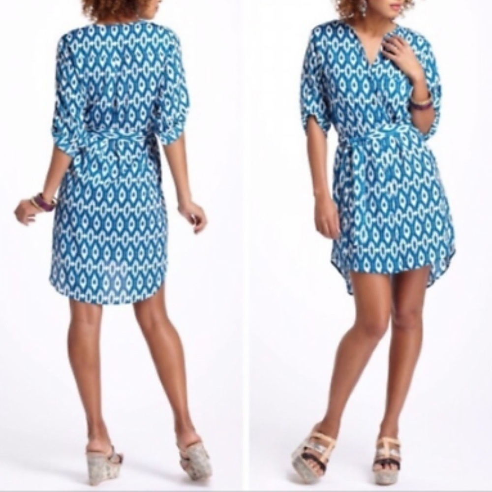ANTHROPOLOGIE Blue XS 3/4 Roll Tab Sleeve Ikat HiLo Belt V Neck Shirtdress Maeve
